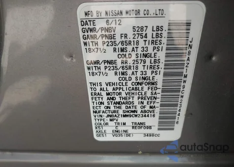 2012 Nissan Murano S z USA, uszkodzony, nr VIN JN8AZ1MW9CW234416